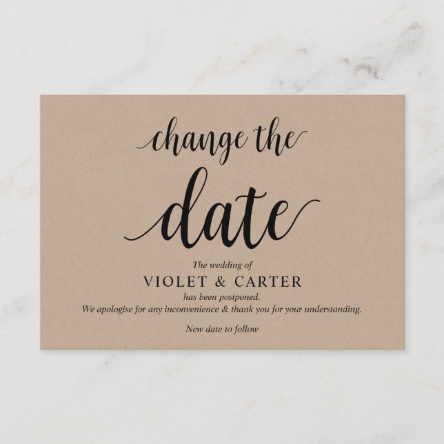 Carte D'accompagnement Rustique Kraft, Noir, Mariage postpone, modifiable (Devant)