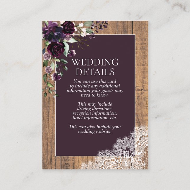Carte D'accompagnement Rustique Plum Purple Floral dentelle Détails (Devant)