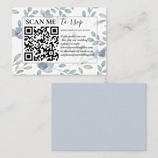 Carte D'accompagnement Rustique RSVP QR Code Dusty Blue Floral Mariage (Devant / Derrière)