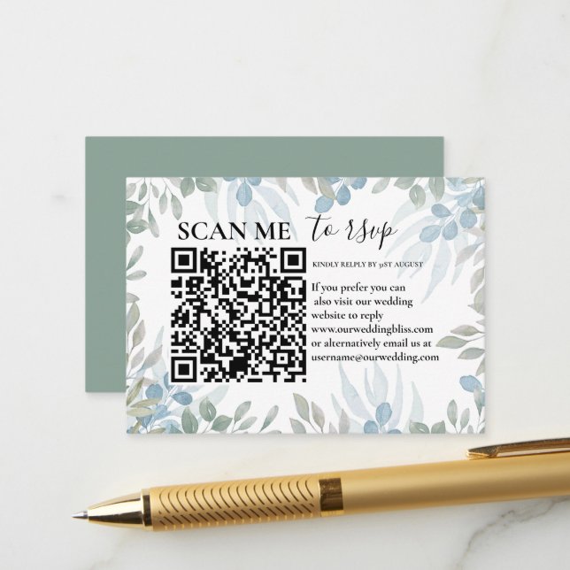 Carte D'accompagnement Rustique RSVP QR Code Eucalyptus Mariage de verdur (Devant/Arrière en situation)