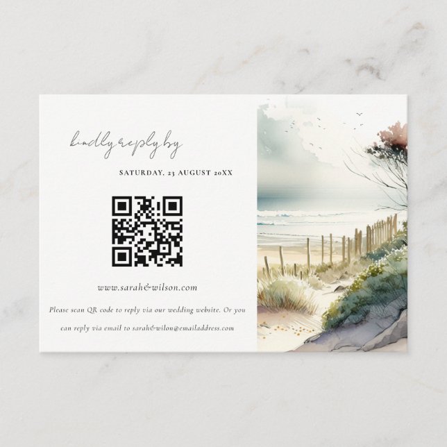 Carte D'accompagnement Sable côtier Plage Mariage QR Code RSVP (Devant)