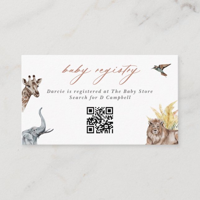 Carte D'accompagnement Safari Animaux Baby shower Cadeaux Registre QR Cod (Devant)