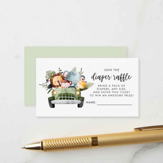 Carte D'accompagnement Safari Animaux Baby shower Déchets Raffle (Devant/Arrière en situation)