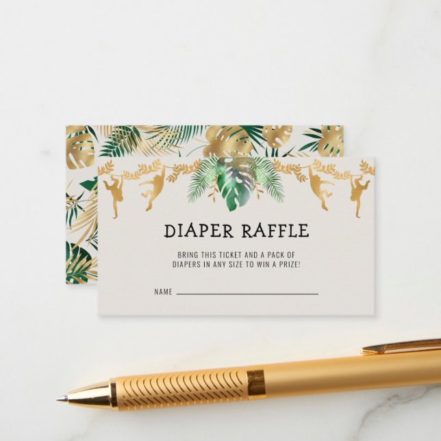 Carte D'accompagnement Safari Baby shower Déchets Raffle Green Gold Ecru (Devant/Arrière en situation)