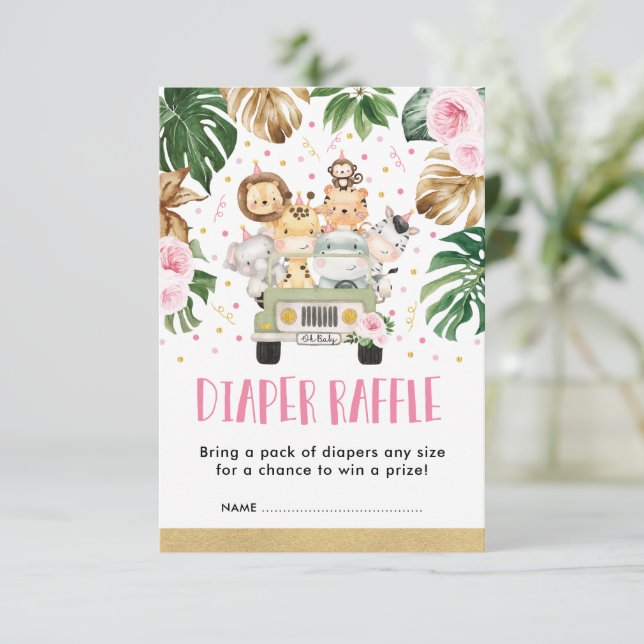 Carte D'accompagnement Safari Jungle rose Floral Baby Girl Raffle de couc (Debout devant)
