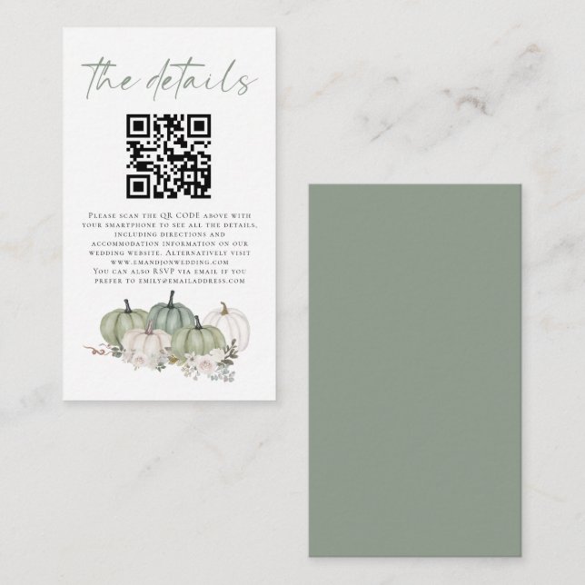 Carte D'accompagnement Sage Citrouille Florals QR Code Détails du Mariage (Devant / Derrière)