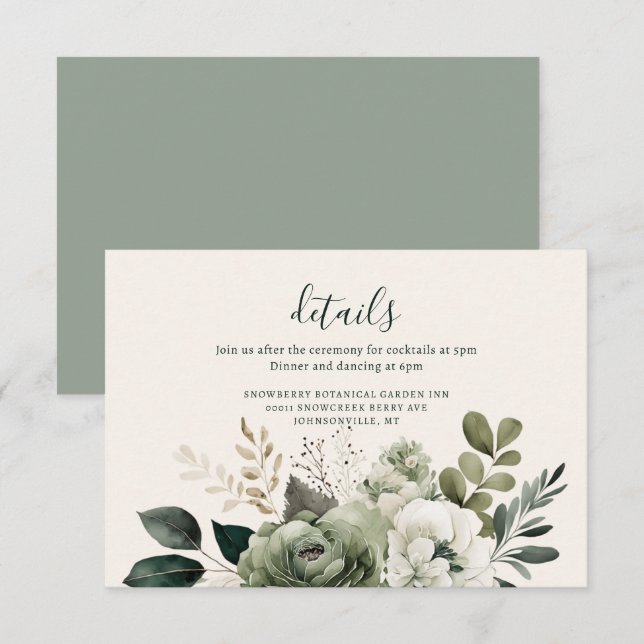 Carte D'accompagnement Sage et ivoire Élégant Mariage de verdure fleurie (Devant / Derrière)