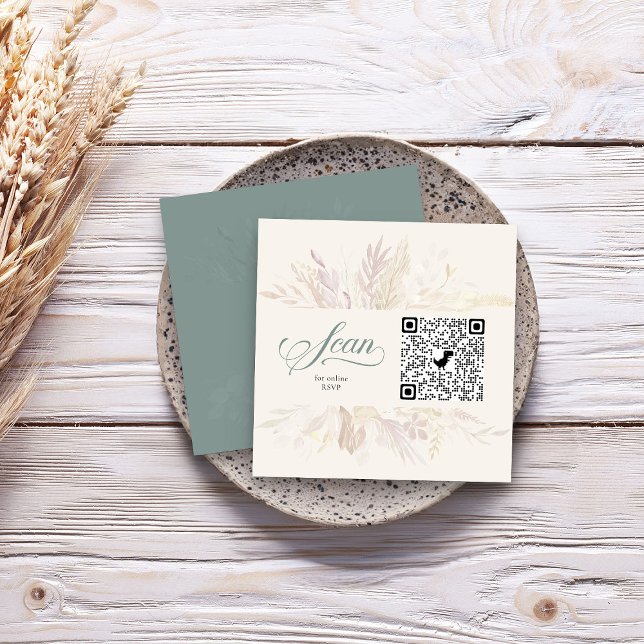 Carte D'accompagnement Sage Green Botanique en ligne RSVP QR Code (Sage Green Elegant square online RSVP card with QR code - Foliage Duet wedding collection)