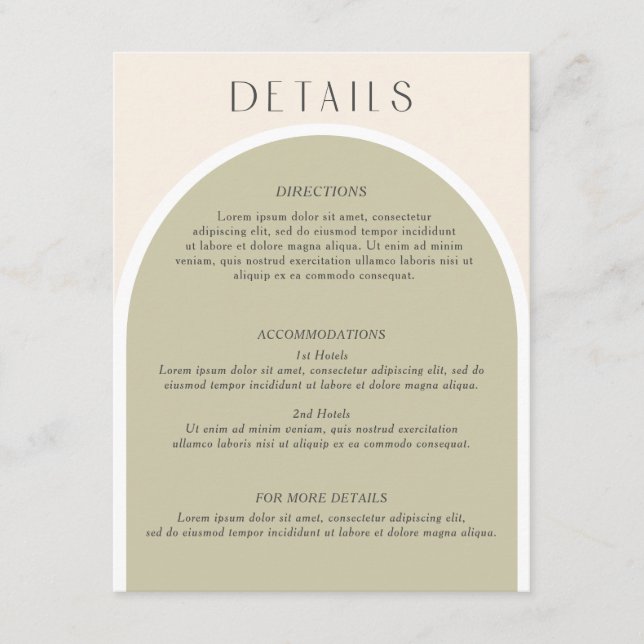Carte D'accompagnement Sage Green Design moderne arche Mariage détails dé (Devant)