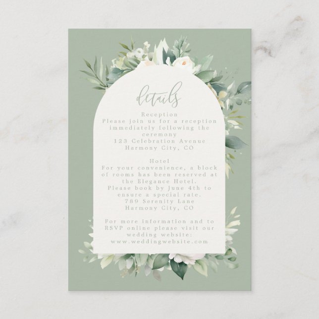 Carte D'accompagnement Sage Green Eucalyptus Floral Détails du Mariage (Devant)