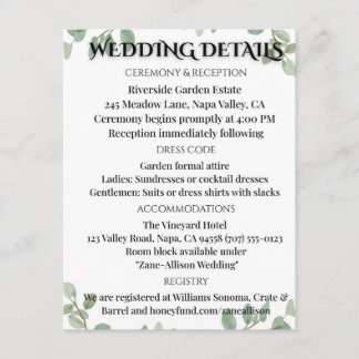Carte D'accompagnement Sage Green Eucalyptus Wedding Info Card