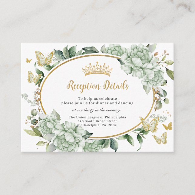 Carte D'accompagnement Sage Green Fleurs Florales Papillons Quinceañera (Devant)
