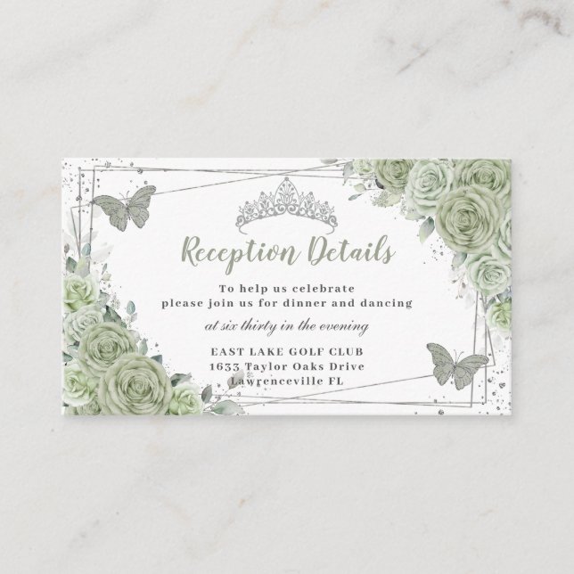 Carte D'accompagnement Sage Green Floral Argent Quinceañera Réception (Devant)