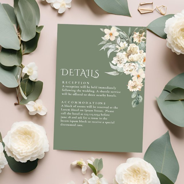 Carte D'accompagnement Sage Green Ivory Floral Rustique Détails du mariag (Créateur téléchargé)