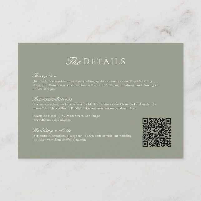 Carte D'accompagnement Sage Green Leaf Monogram Mariage QR Code Détails (Devant)