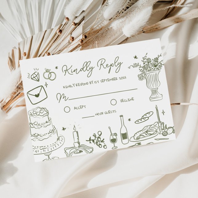 Carte D'accompagnement Sage Green Main dessinée mariage Whimsical RSVP (Créateur téléchargé)