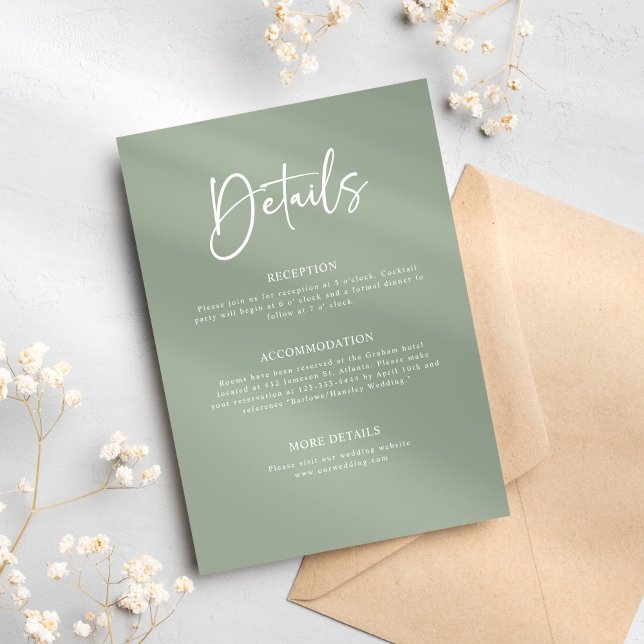 Carte D'accompagnement Sage Green Minimalist Elegant Wedding Détails (Sage Green Minimalist Elegant Wedding Details Enclosure Card)