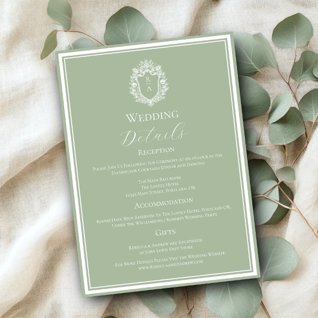 Carte D'accompagnement Sage Green Monogram Crest Détails du Mariage (Créateur téléchargé)