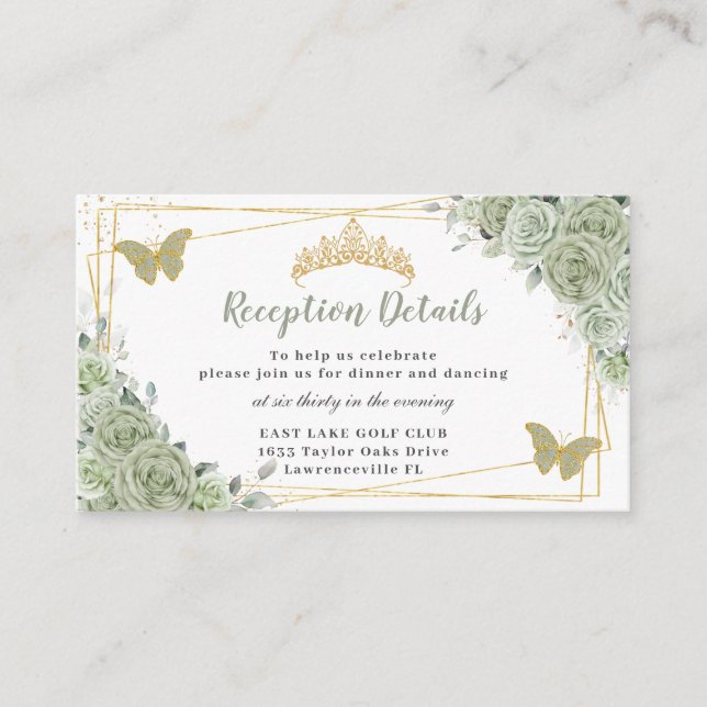 Carte D'accompagnement Sage Green Roses Floral or Quinceañera Réception (Devant)