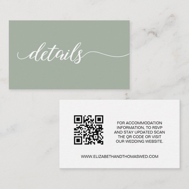 Carte D'accompagnement Sage green script Details Site web Mariage QR code (Devant / Derrière)