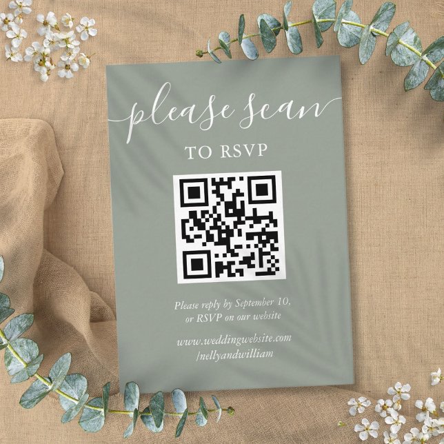 Carte D'accompagnement Sage Green Script Wedding RSVP QR Code (Sage Green Script Wedding RSVP QR Code Enclosure Card)