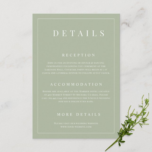 Carte D'accompagnement Sage Green Simple Détails du Mariage officiel (Créateur téléchargé)