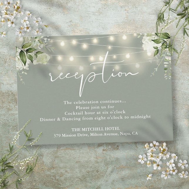 Carte D'accompagnement Sage Green String Lights Floral Mariage Réception (Sage Green String Lights Floral Wedding Reception Enclosure Card)