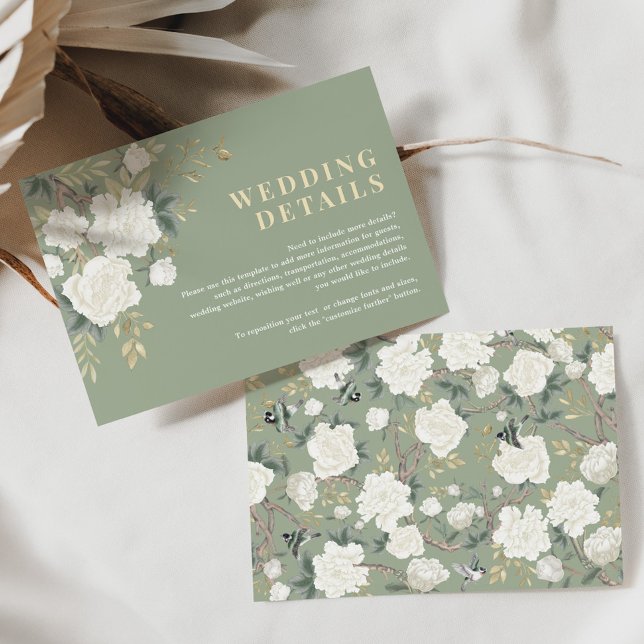 Carte D'accompagnement Sage Green White Chinoiserie Détails du Mariage (Créateur téléchargé)