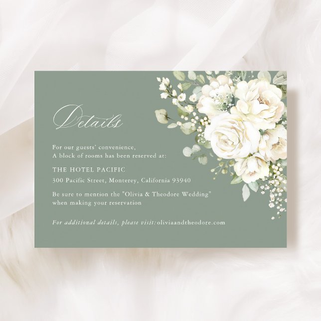 Carte D'accompagnement Sage Green White Floral Wedding Accommodation (Sage green white floral wedding accommodation details card, watercolor greenery enclosure card)