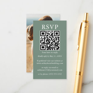 Carte D'accompagnement Sage photo minimaliste simple Mariage QR Vert RSVP