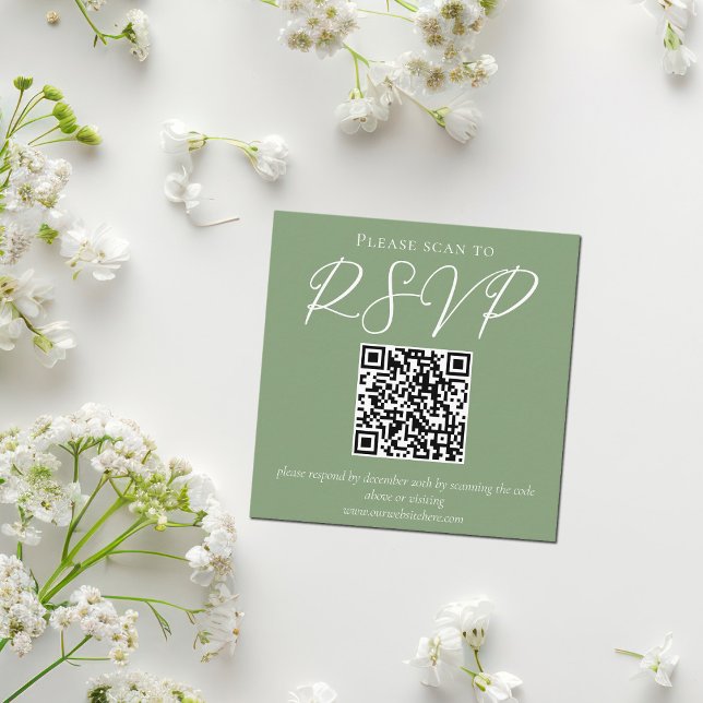 Carte D'accompagnement Sage Vert blanc Script QR Code Mariage RSVP (Créateur téléchargé)