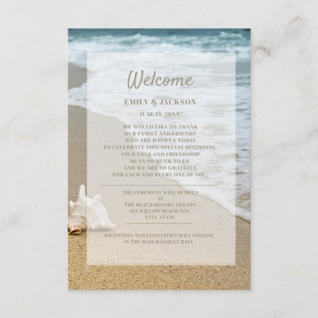 Carte D'accompagnement Sandy Beach Ocean Seashell Mariage Bienvenue (Devant)