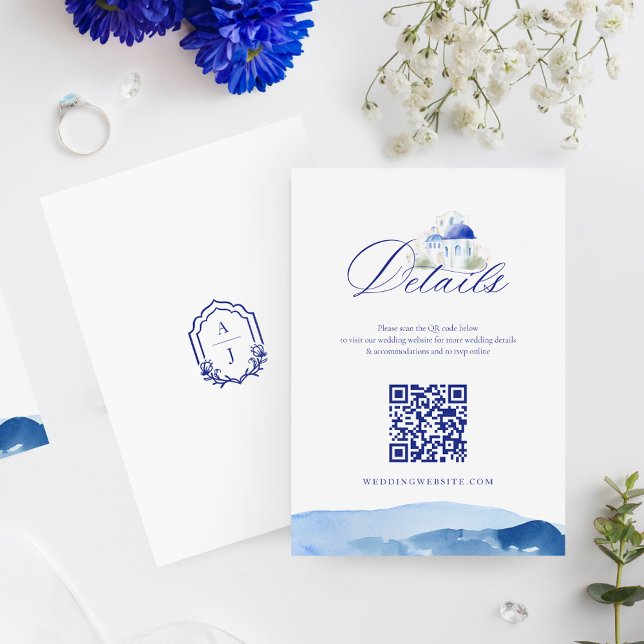 Carte D'accompagnement Santorini Grèce Aquarelle Mariage Détail QR Code (Santorini Greece Watercolor Wedding Detail QR Code Enclosure Card)