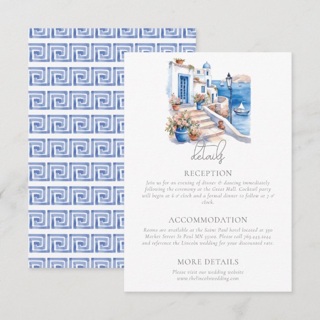 Carte D'accompagnement Santorini Grèce Détails du Mariage (Devant / Derrière)