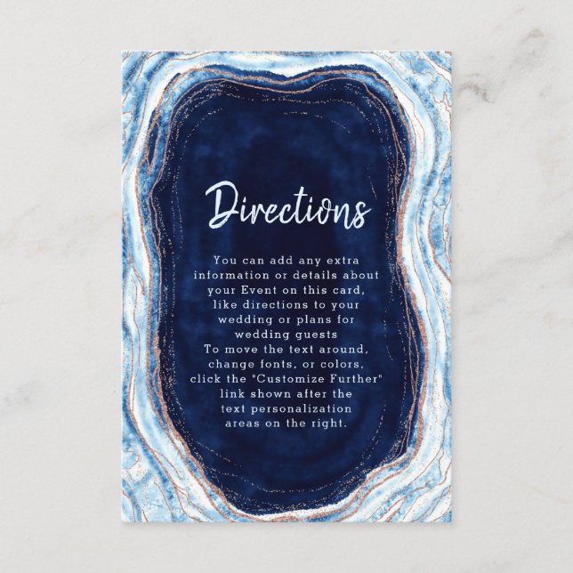 Carte D'accompagnement Sapphire Blue Rose Gold Géode Mariage Directions (Devant)