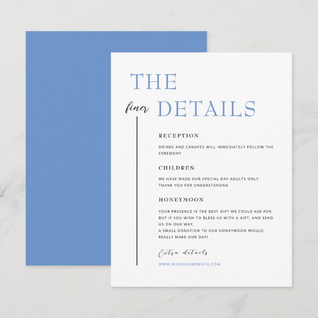Carte D'accompagnement SARAH Moderne Bleu Minimaliste Mariage Détails Car (Devant / Derrière)