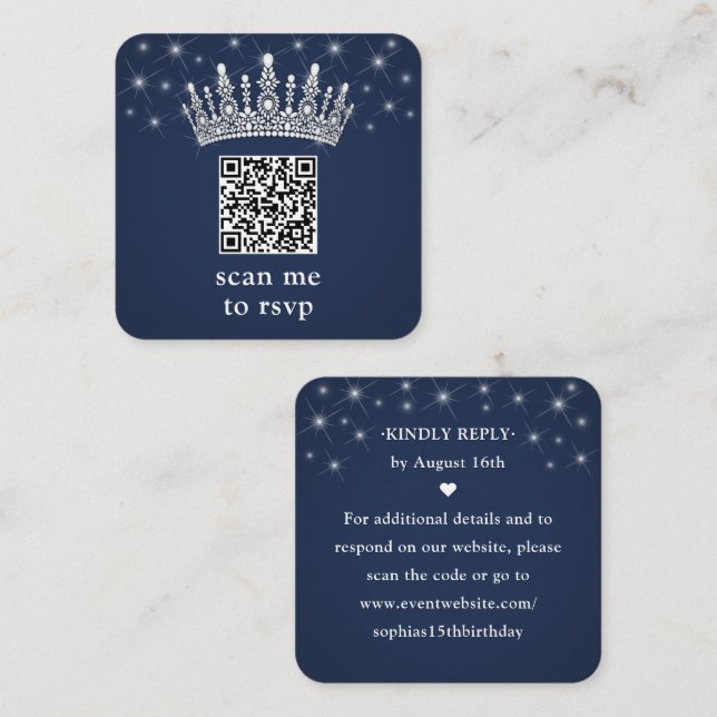 Carte D'accompagnement Scan Me RSVP QR Code Quinceañera Crown Navy Blue (Devant / Derrière)