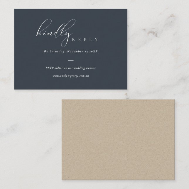 Carte D'accompagnement Script Black Navy en ligne site Mariage RSVP (Devant / Derrière)