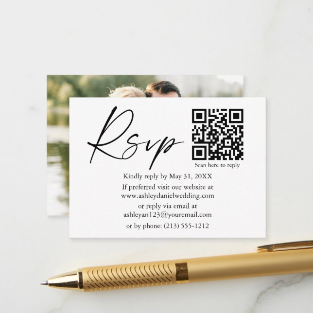 Carte D'accompagnement Script d'encre de calligraphie QR Mariage photo RS (Devant/Arrière en situation)