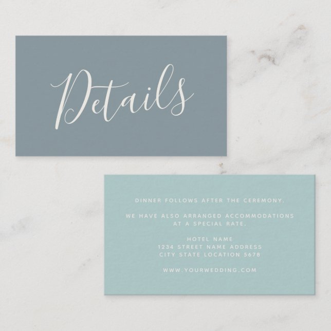 Carte D'accompagnement Script Dusty Blue Sea Glass Détails du Mariage (Devant / Derrière)