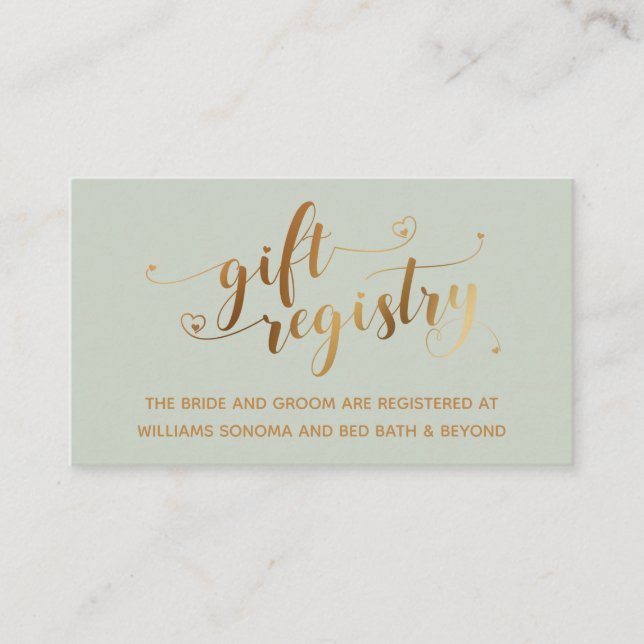 Carte D'accompagnement Script Gold Elegant Hearts, Registre Cadeaux Sage (Devant)