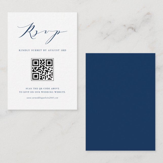Carte D'accompagnement Script minimaliste bleu marine noir QR Code RSVP (Devant / Derrière)