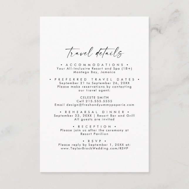 Carte D'accompagnement Script moderne Destination Mariage Détails du voya (Devant)