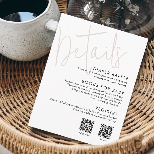 Carte D'accompagnement Script moderne rose Baby shower Détails 2 codes QR (Modern Script Pink Baby Shower Details 2 QR Codes Enclosure Card)