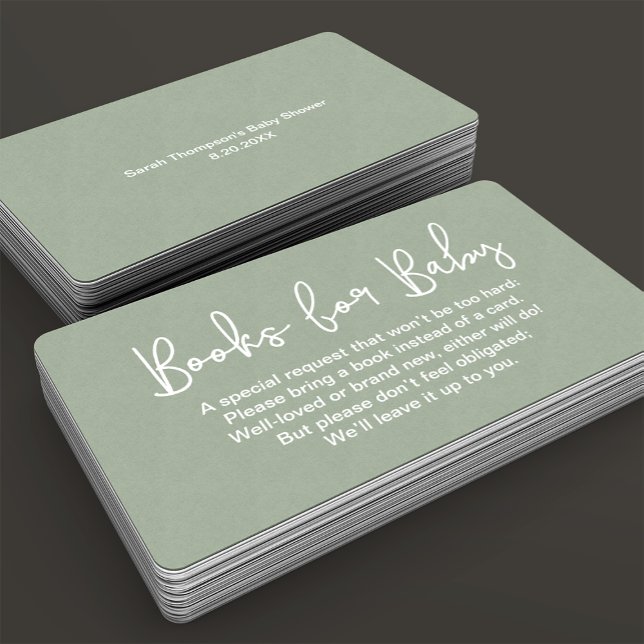 Carte D'accompagnement Script moderne Sage Baby shower vert demande de ré (Customizable minimalist sage green Books for baby request instead of card enclosure card.)