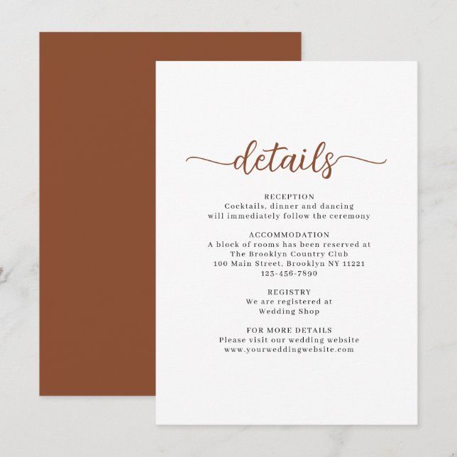 Carte D'accompagnement Script moderne Terracotta Détails du Mariage (Devant / Derrière)