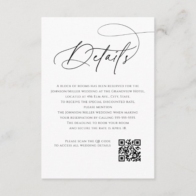 Carte D'accompagnement Script Monogram Wedding Details White QR Code (Devant)