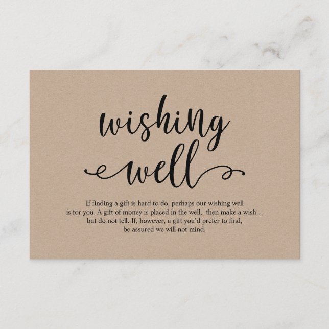Carte D'accompagnement Script noir kraft rustique, Mariage Wishing Well (Devant)