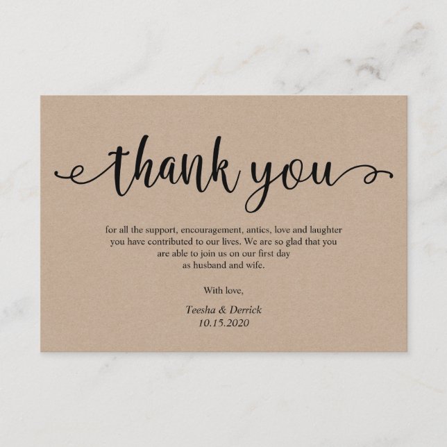 Carte D'accompagnement Script noir rustique kraft, Merci Mariage (Devant)
