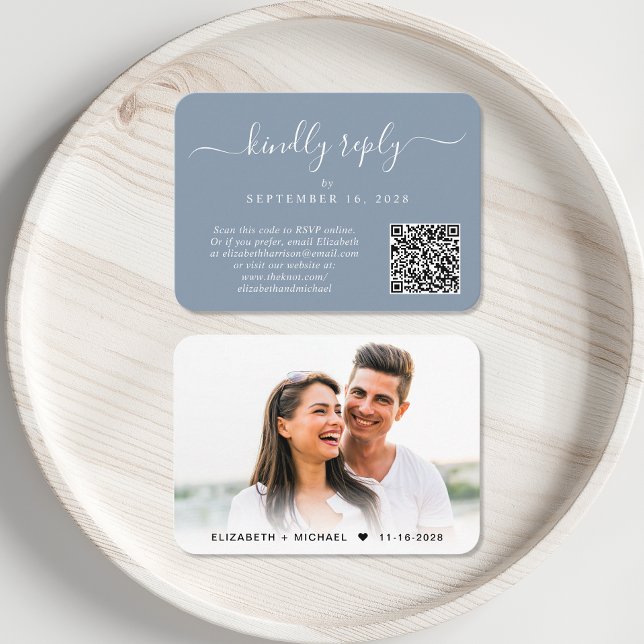 Carte D'accompagnement Script Photo QR Code Dusty Blue Wedding RSVP (Our user-friendly template will generate your QR code automatically from your website address)